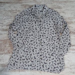 Floral Linen Lightweight Button Down Front Long Sleeve Shirt Blouse Top